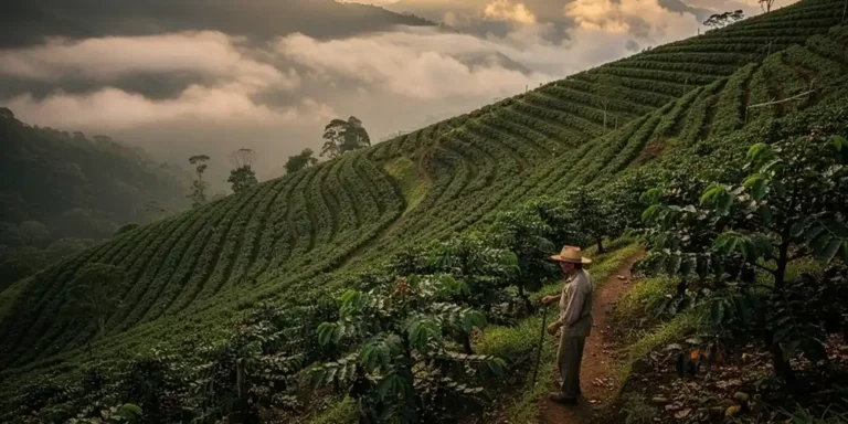Wide view of coffee farms on steep hills in Colombia with a farmer walking through the landscape.