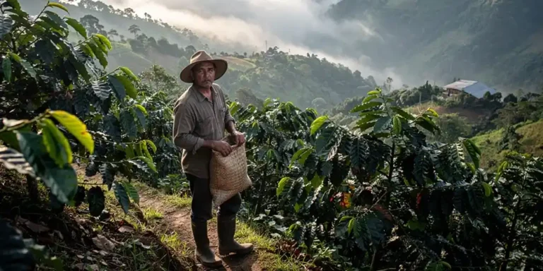 Coffee farmer standing in a mountainous coffee plantation in Colombia with misty hills in the background.