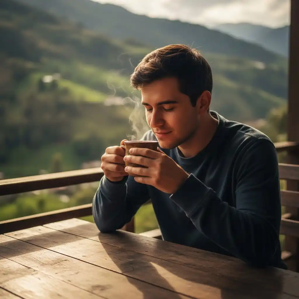 A young man holding a steaming cup of coffee at a rustic wooden table outdoors.