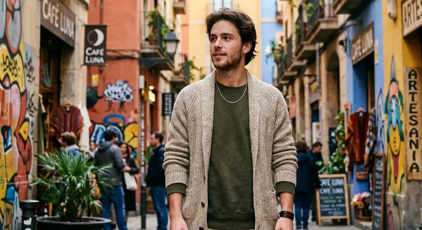 Man wearing neutral coloured textured outfit in a vibrant urban setting.