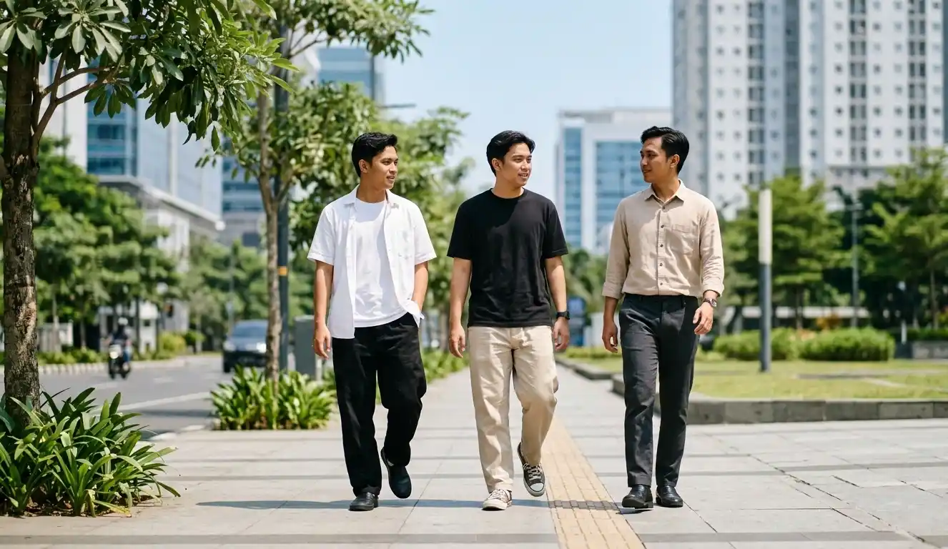 Tiga pria dengan gaya pakaian mirip di jalan yang tidak ramai.