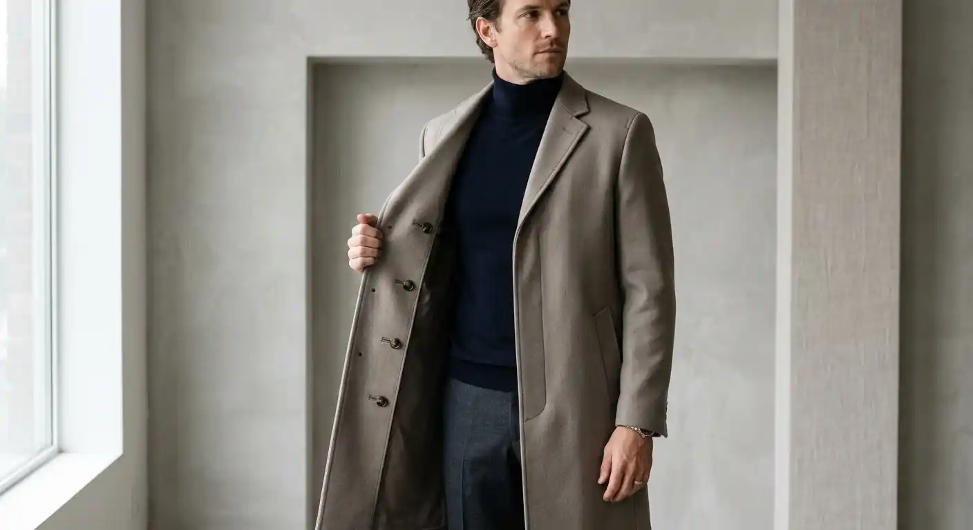 Menswear coat with hidden buttons under a clean placket.