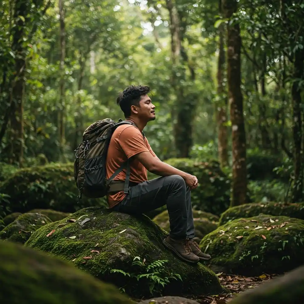 Pendaki duduk di atas batu berlumut di hutan hijau, beristirahat dan menikmati suasana tenang.