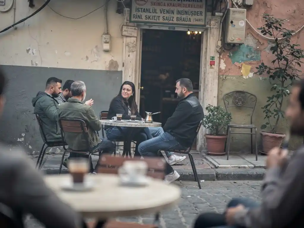 Group of people sitting at a small outdoor café in Istanbul with Turkish coffee on the table.