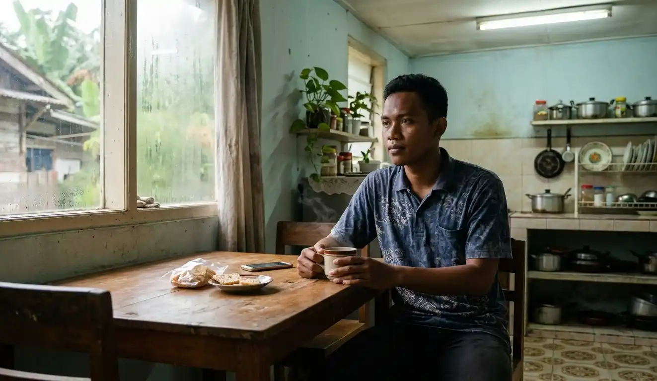 Seseorang duduk di meja dapur dengan secangkir kopi di pagi hari.