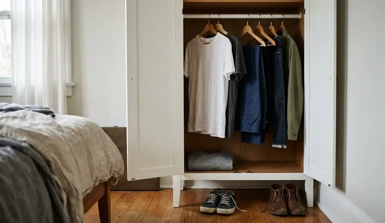 Minimal men’s wardrobe with essential clothing pieces in neutral colours.