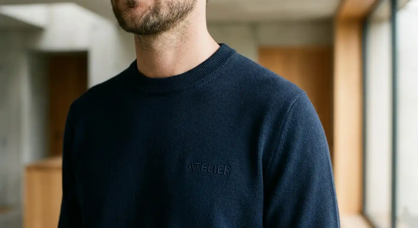 Minimal branding detail on a modern menswear garment.