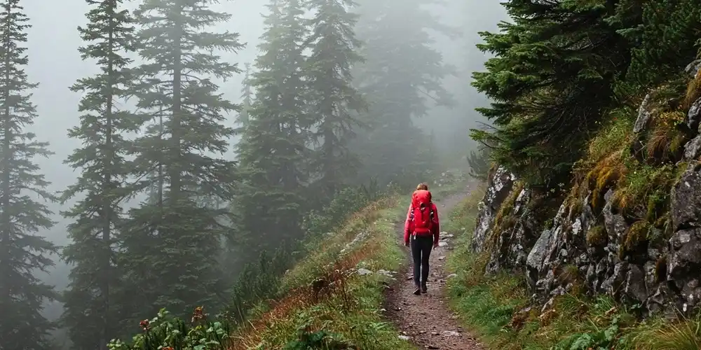 Hiker with a red backpack walking along a narrow trail through a misty forest with tall pine trees.
