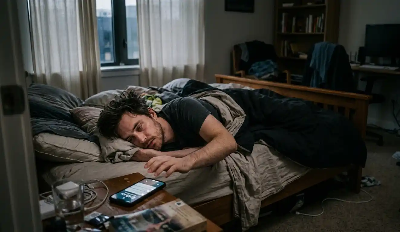 Man waking up in a dim bedroom reaching towards a phone with notifications on bedside table.