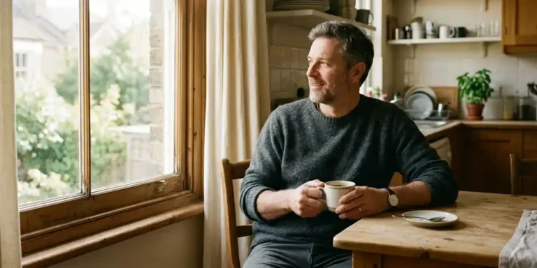Person sitting at a kitchen table with coffee in soft morning light.