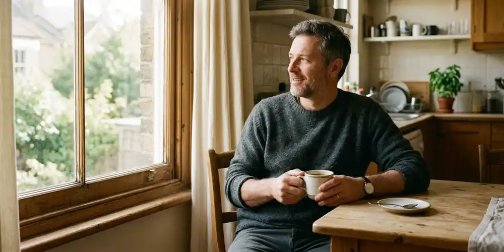 Person sitting at a kitchen table with coffee in soft morning light.
