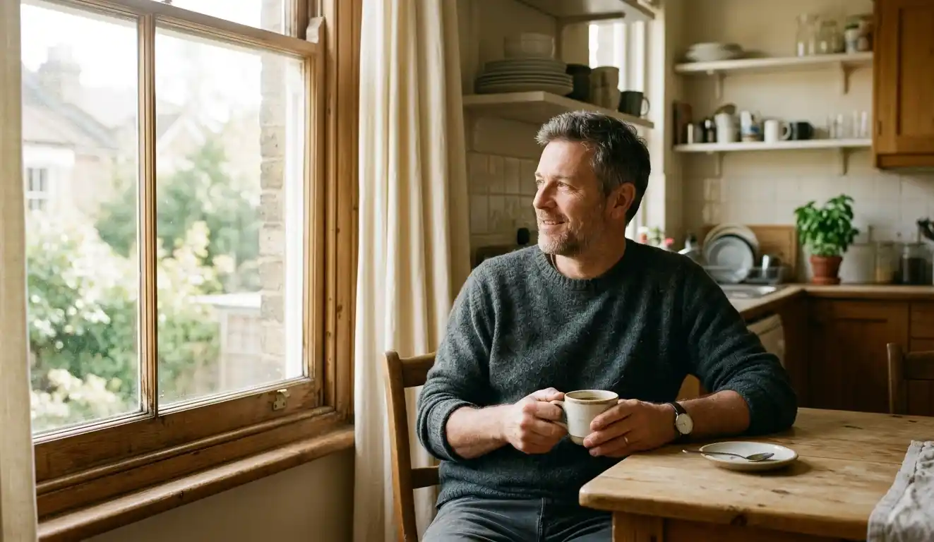 Person sitting at a kitchen table with coffee in soft morning light.