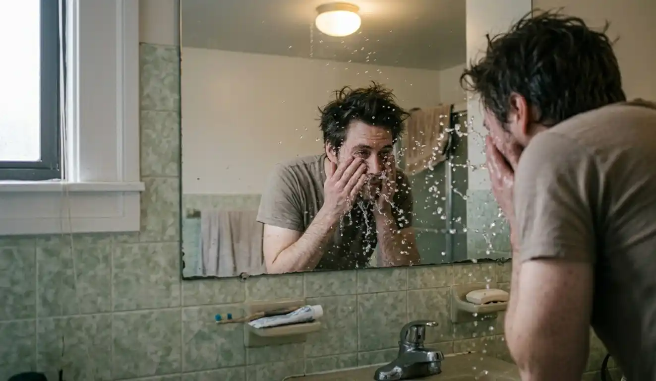 Man splashing water on his face in bathroom mirror in early morning.