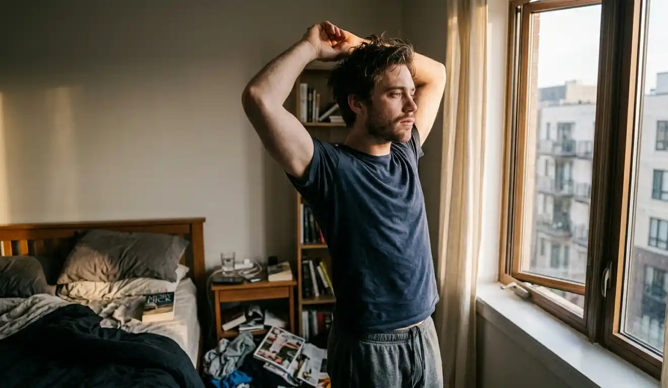 Man standing by open window in morning light stretching in a casual messy apartment.