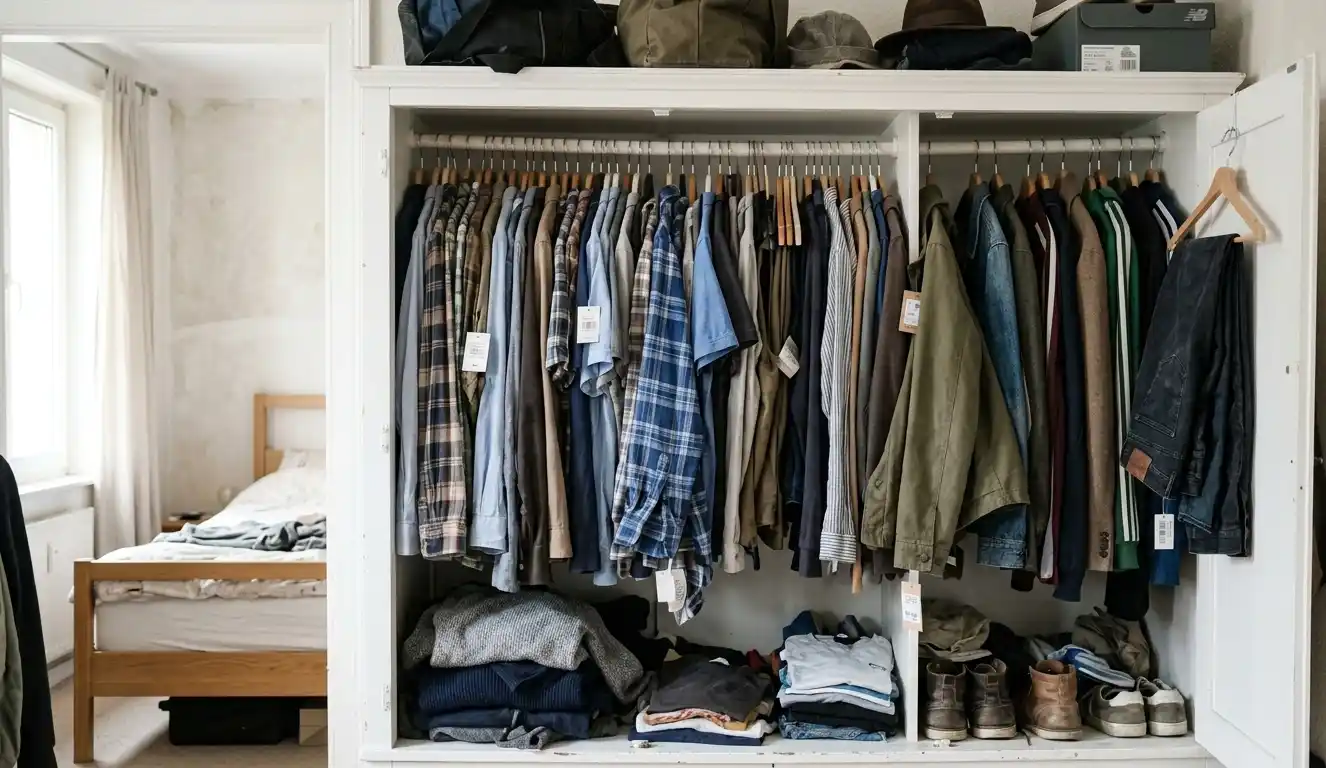Overfilled wardrobe with too many clothes and tags still attached.