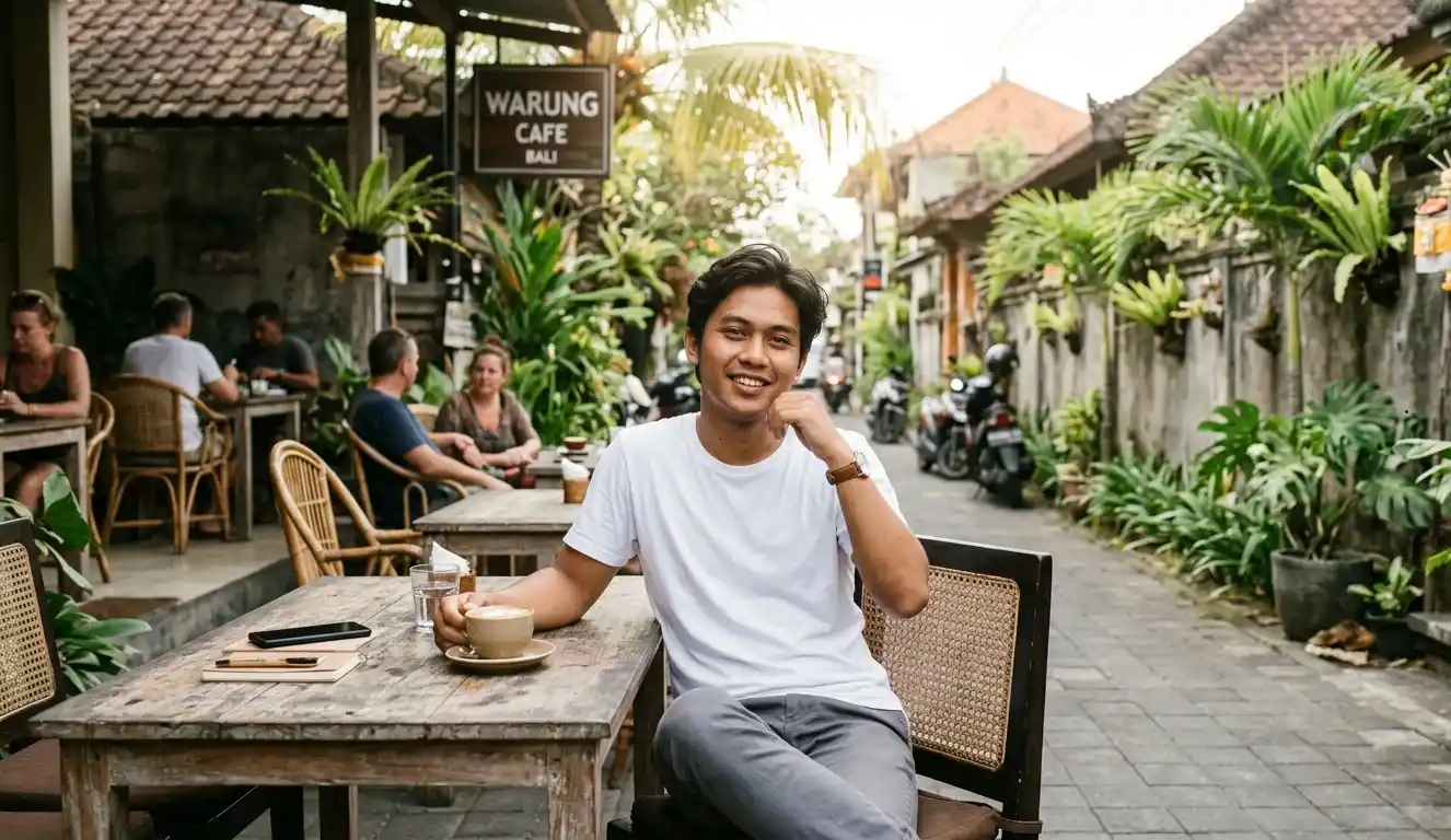 Pria duduk santai dengan pakaian sederhana di luar.