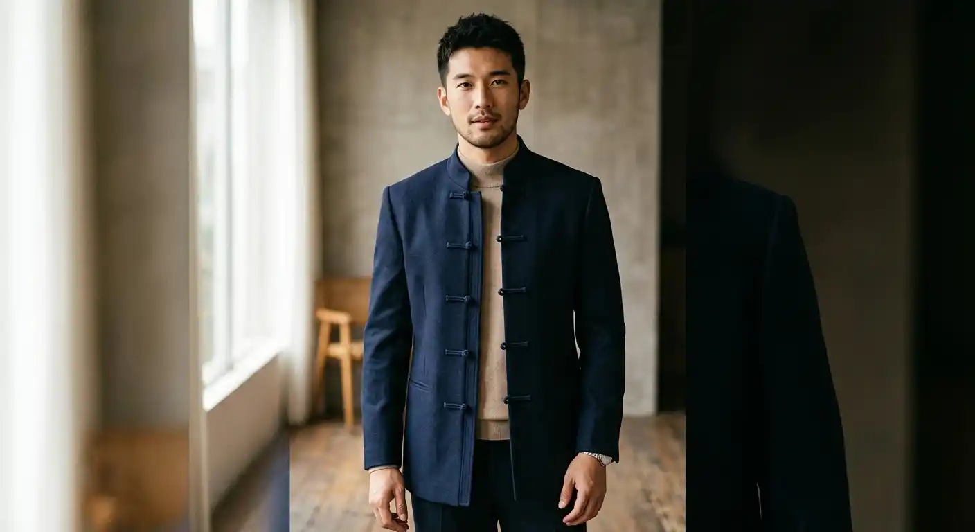 Modern tailored jacket featuring traditional Chinese pankou knot closures.