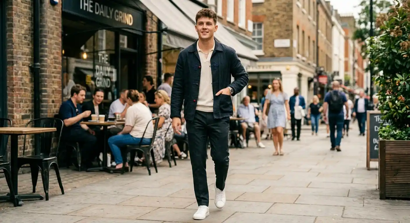 Man wearing a modern jacket with pankou knot detail styled with tailored trousers and trainers.
