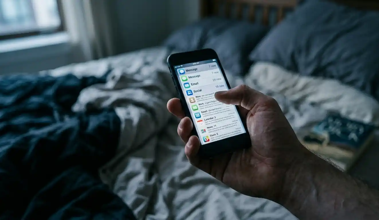 Close-up of smartphone with many notifications in hand in early morning light.