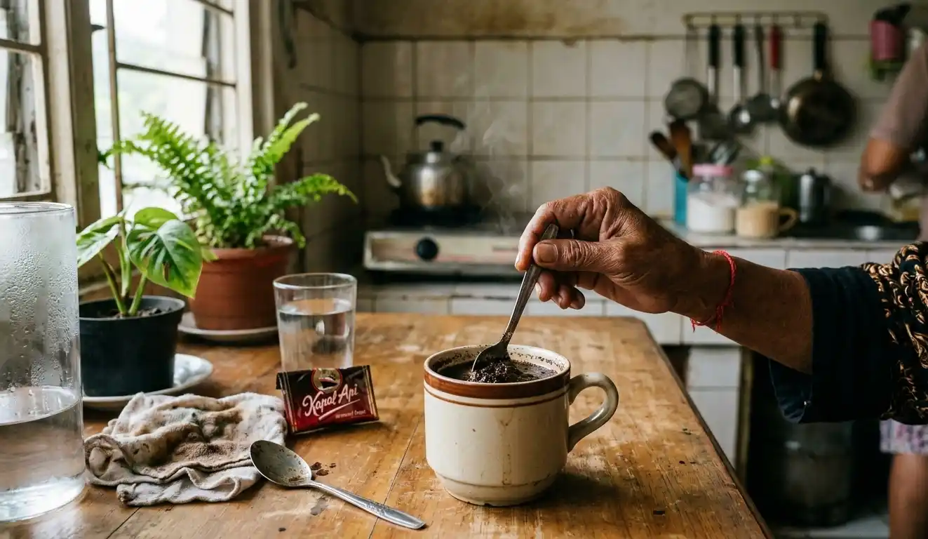 Seseorang membuat kopi sederhana di rumah dengan cahaya pagi alami.