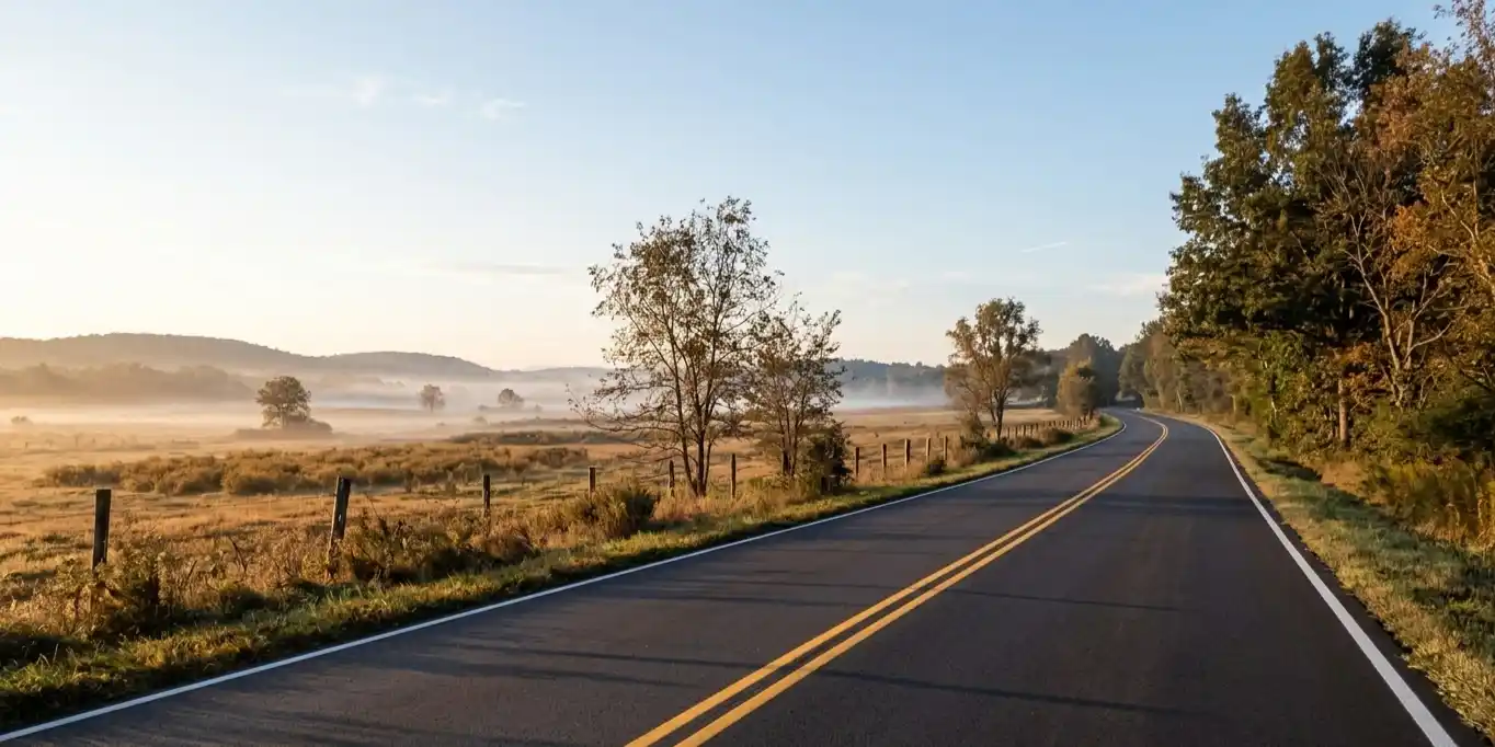 Empty rural road at sunrise with misty fields and trees under soft golden light.