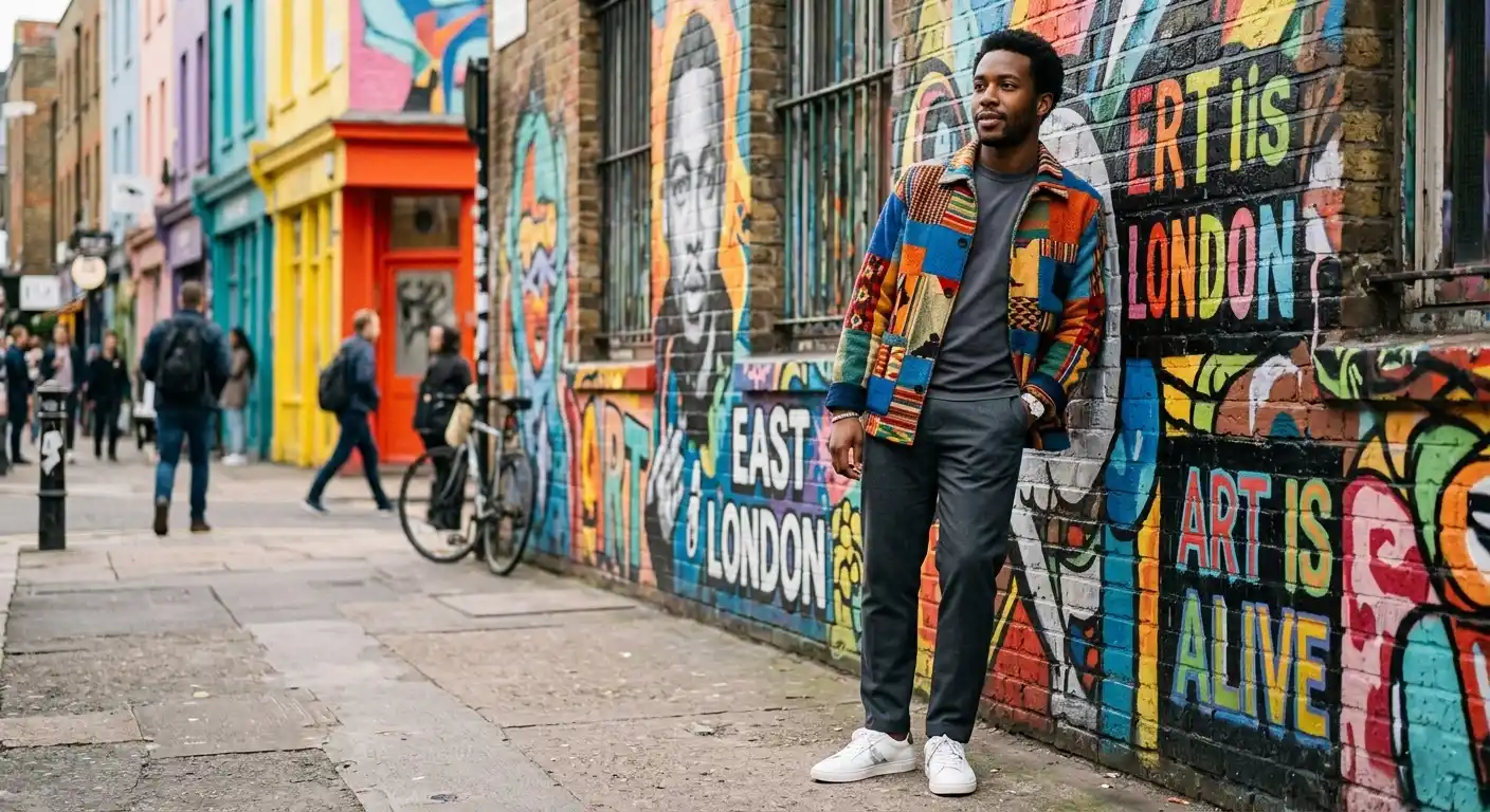 Man styling a statement jacket with a minimal outfit in a city setting.