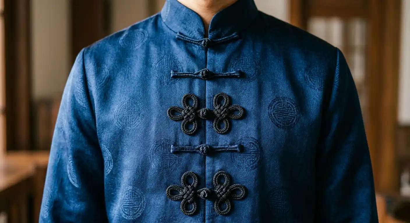 Jaket Tang tradisional dengan beberapa Chinese knot di bagian depan..
