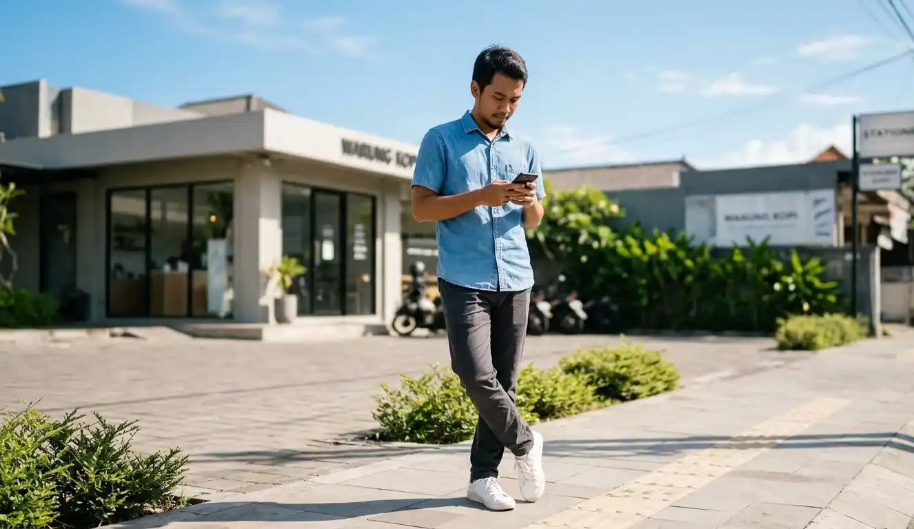 Pria melihat smartphone di jalan kota dengan pakaian sederhana.