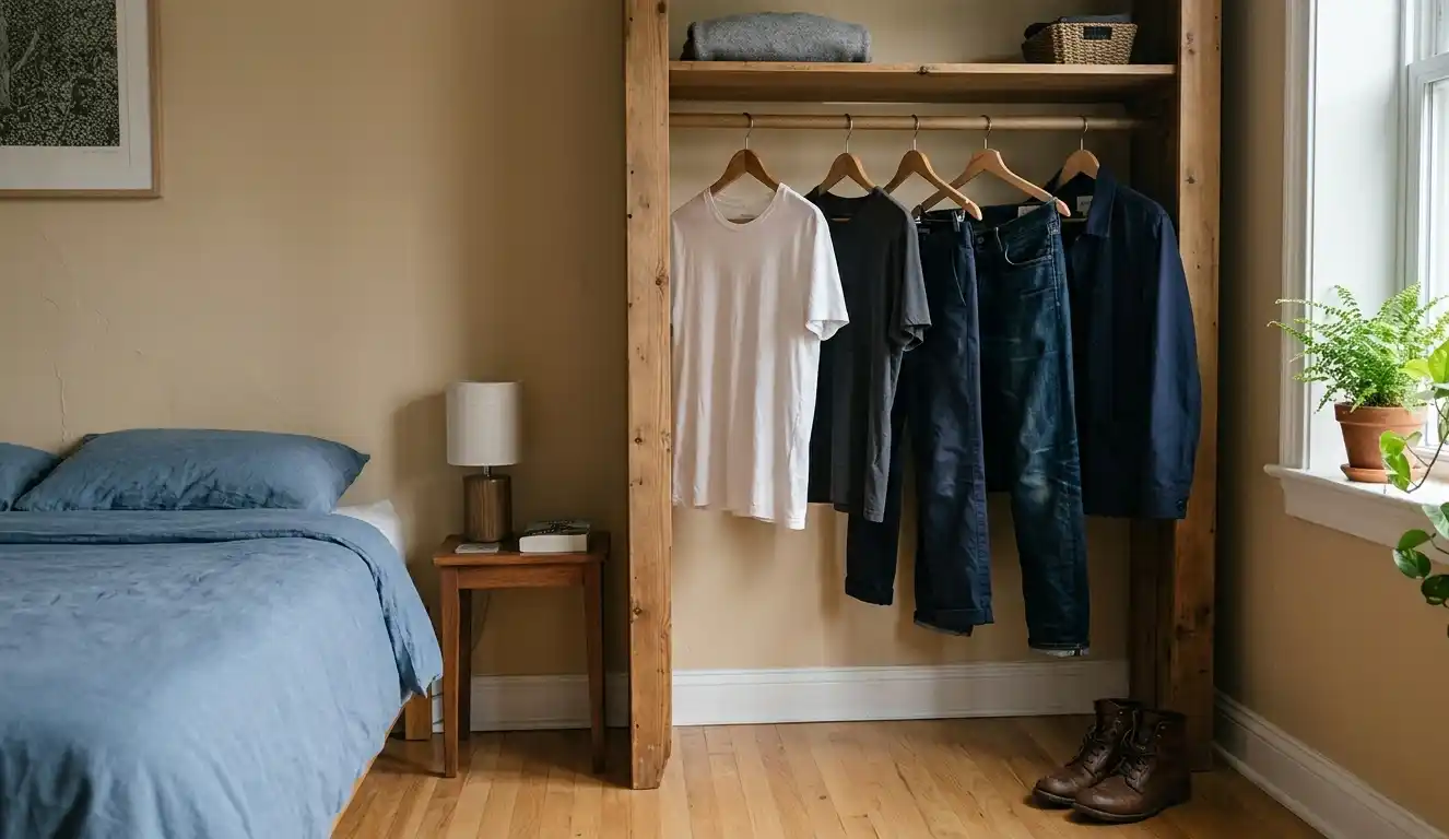 Tidy men’s wardrobe with a few essential clothing items in neutral colours.