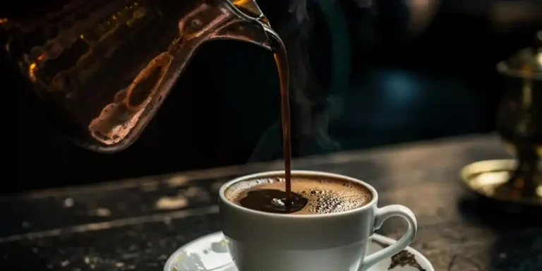 Close-up of Turkish coffee being poured from a copper cezve with thick foam and steam.