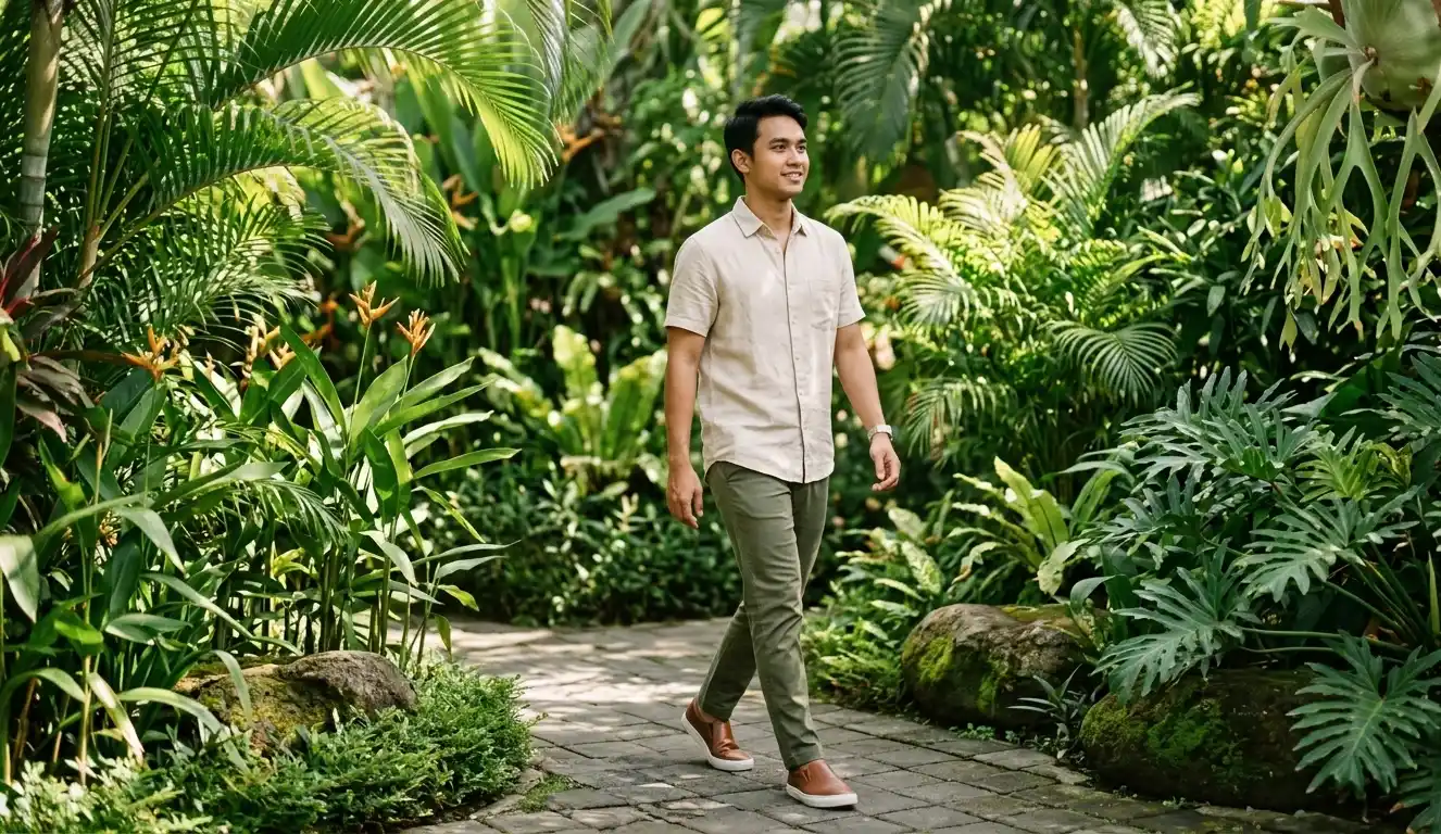 Pria dengan warna pakaian netral berjalan di luar.