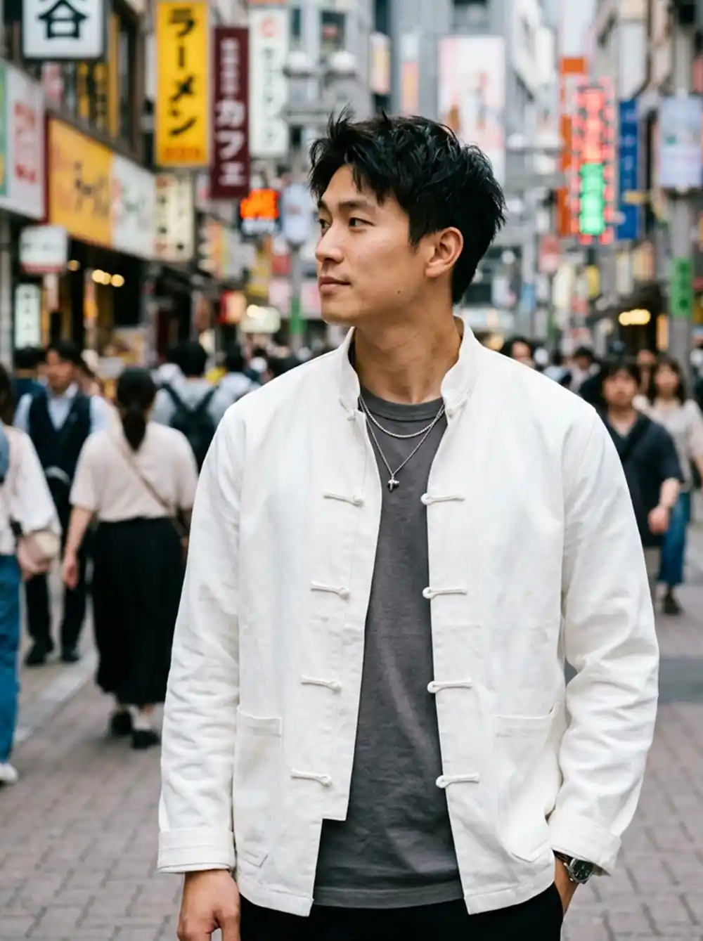 Man wearing a white heritage-style jacket looking away in a blurred city street.