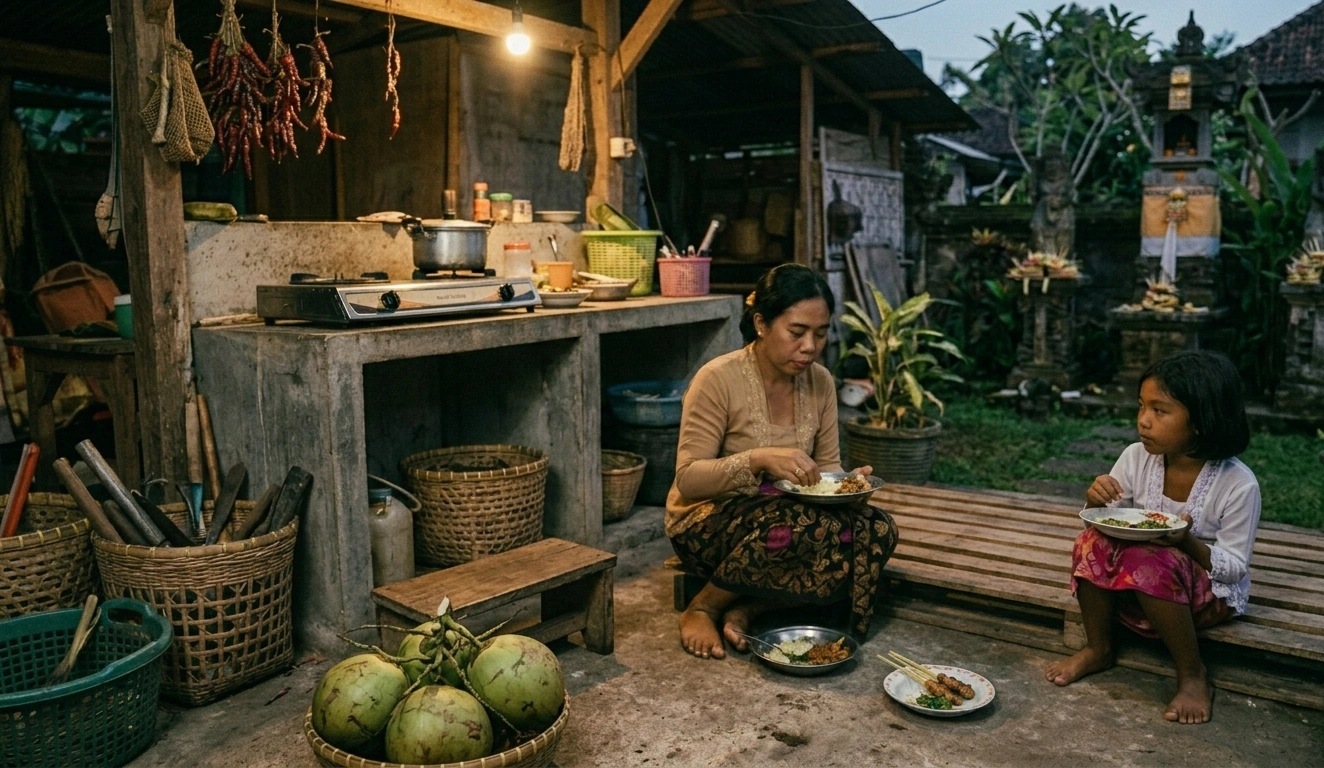 Seorang perempuan Bali dan anak sedang makan malam di dapur keluarga terbuka dengan cabai gantung, kelapa dan halaman tradisional di latar belakang.