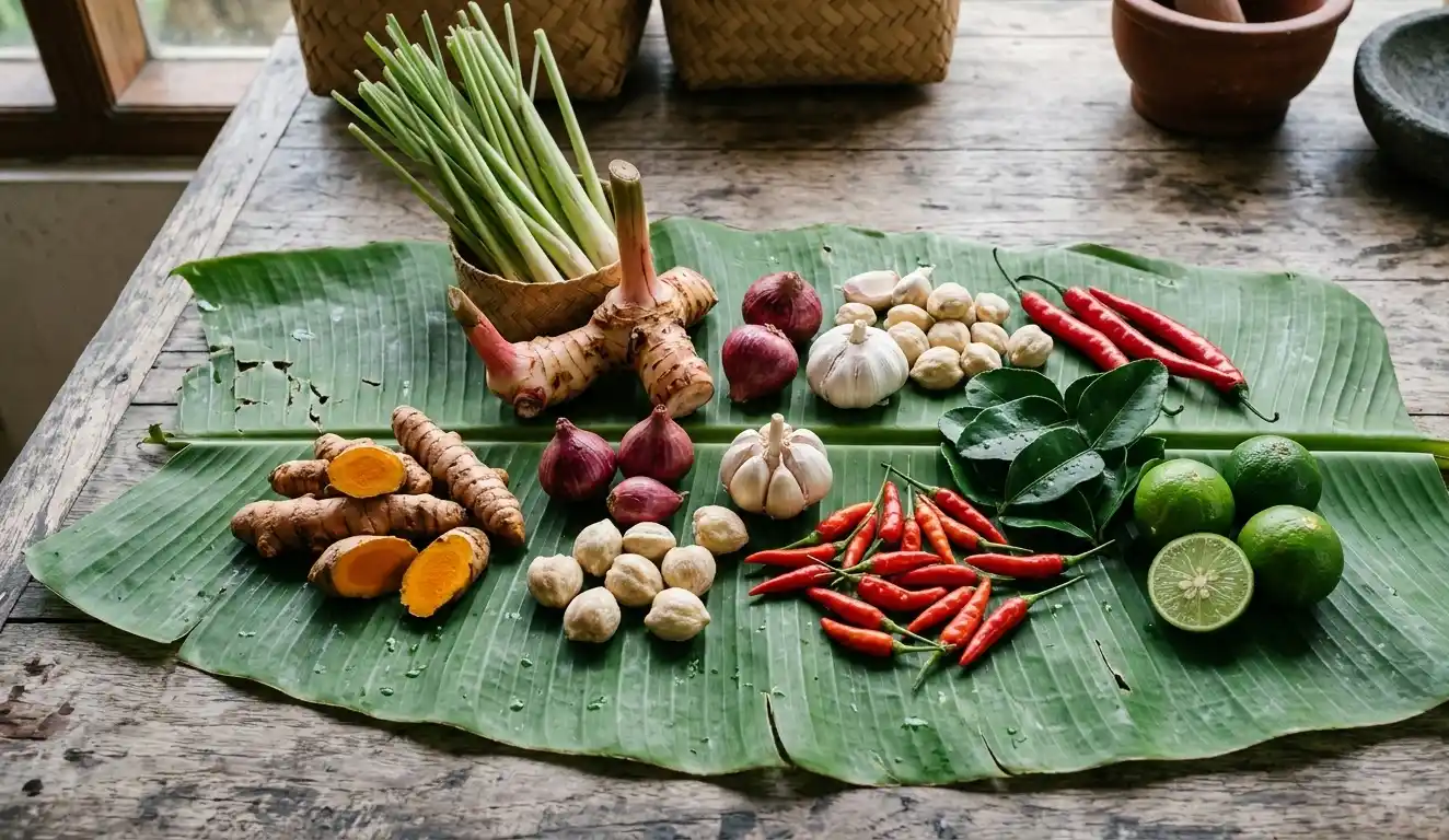 Bahan masakan Bali seperti kunyit, serai, cabai dan jeruk tersusun di atas daun pisang.