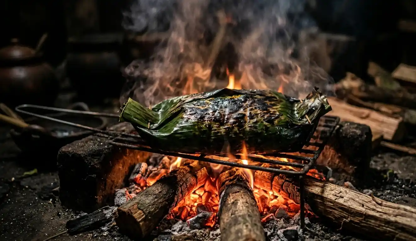 Bungkusan daun pisang dimasak di atas bara api dengan asap dan cahaya api di suasana gelap.