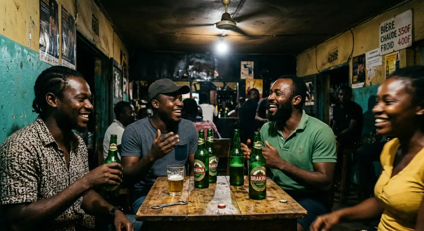 Four friends laughing around a table with drinks in a dimly lit bar, with a warm light above and a relaxed atmosphere.