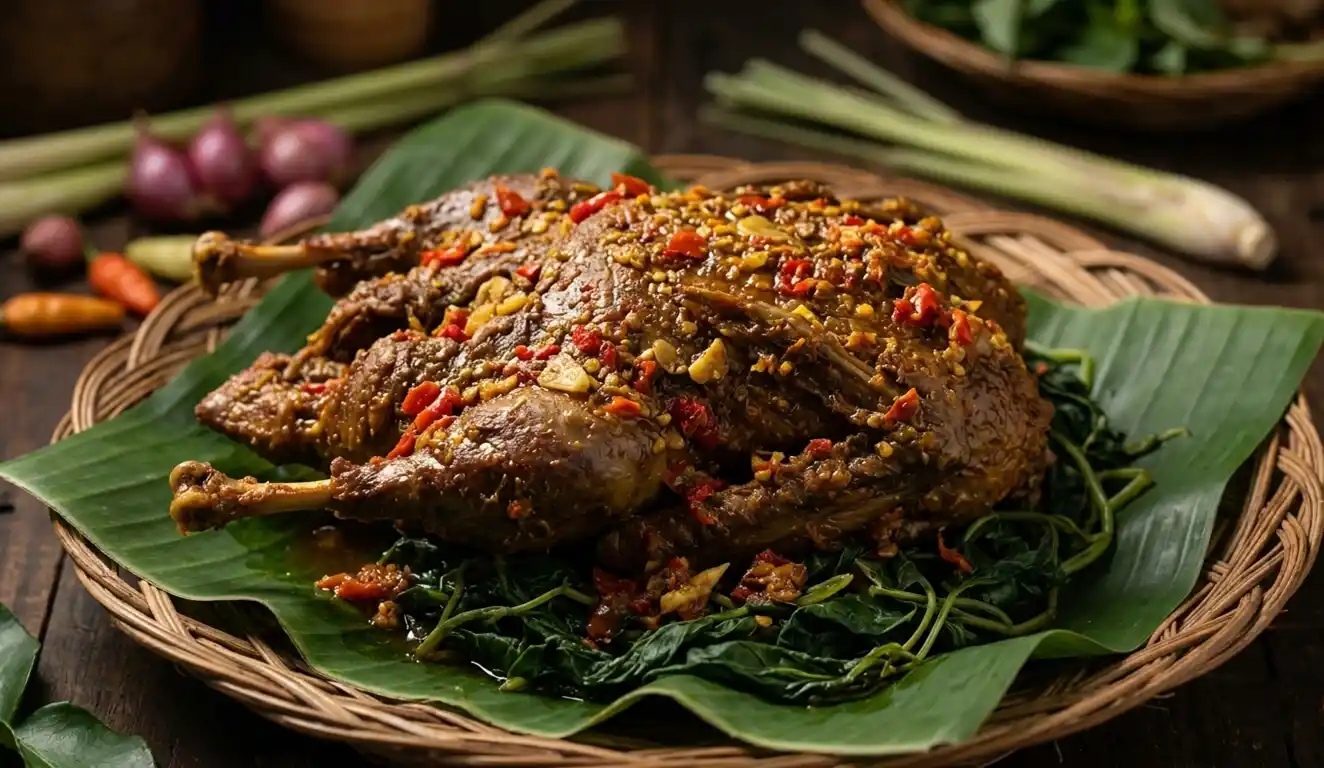 Bebek Betutu, bebek khas Bali dengan bumbu rempah dan cabai disajikan di atas daun pisang.