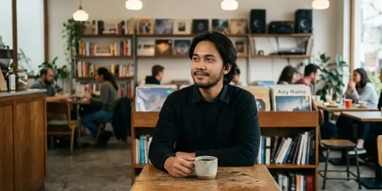 Pria duduk sendiri di meja kafe dengan secangkir kopi di interior kafe modern dengan pencahayaan hangat.