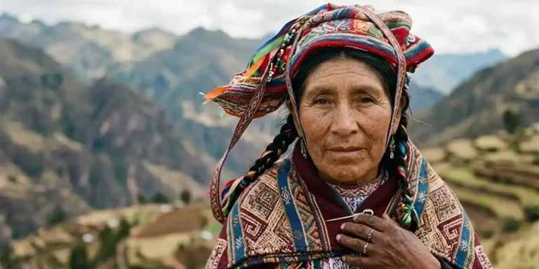 Close-up seorang wanita Andes dengan pakaian tradisional dan kain berwarna, dengan cahaya lembut dan latar pegunungan yang blur.