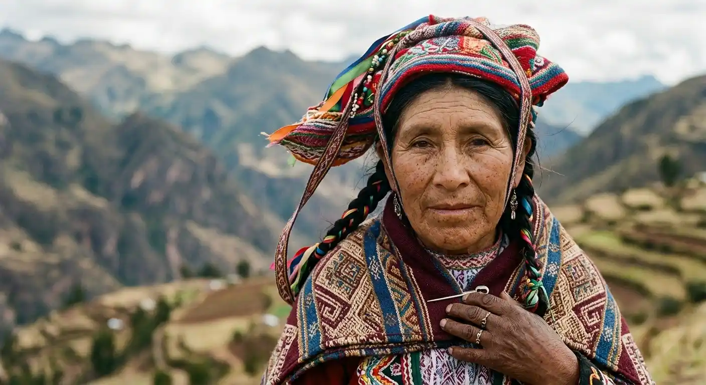 Close-up seorang wanita Andes dengan pakaian tradisional dan kain berwarna, dengan cahaya lembut dan latar pegunungan yang blur.
