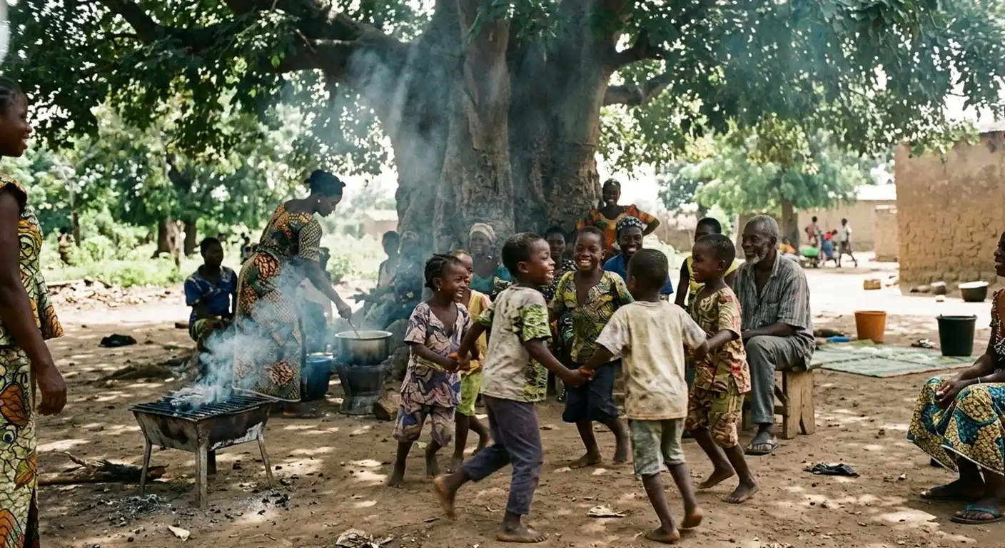 Family gathering outdoors with children playing and food grilling under a tree in a relaxed and lively atmosphere.
