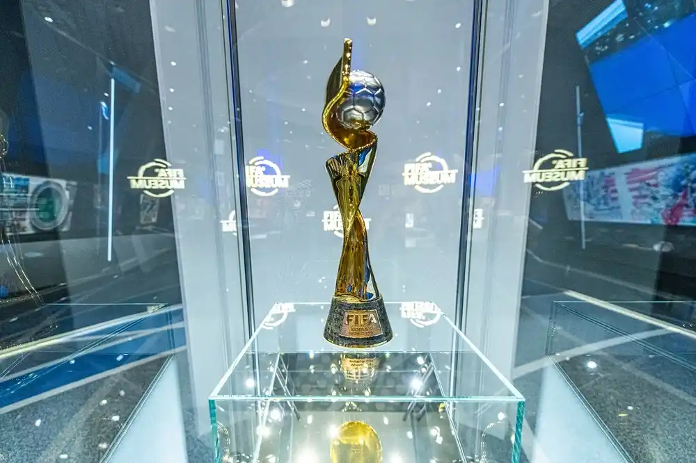 The FIFA Women’s World Cup Trophy displayed inside the FIFA World Football Museum in Zurich.