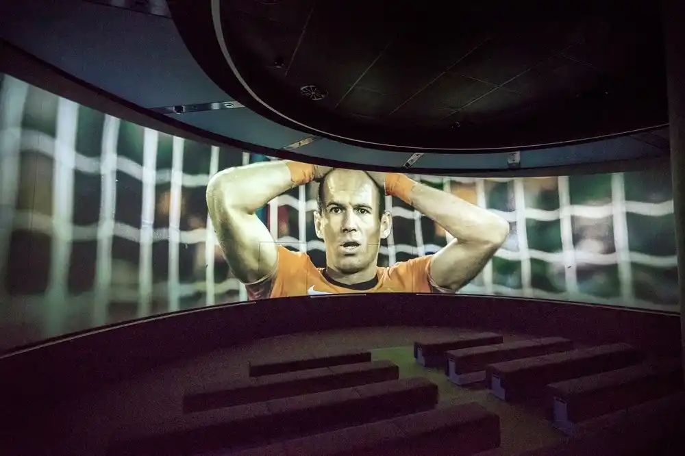 Large panoramic football cinema screen inside the FIFA World Football Museum in Zurich.