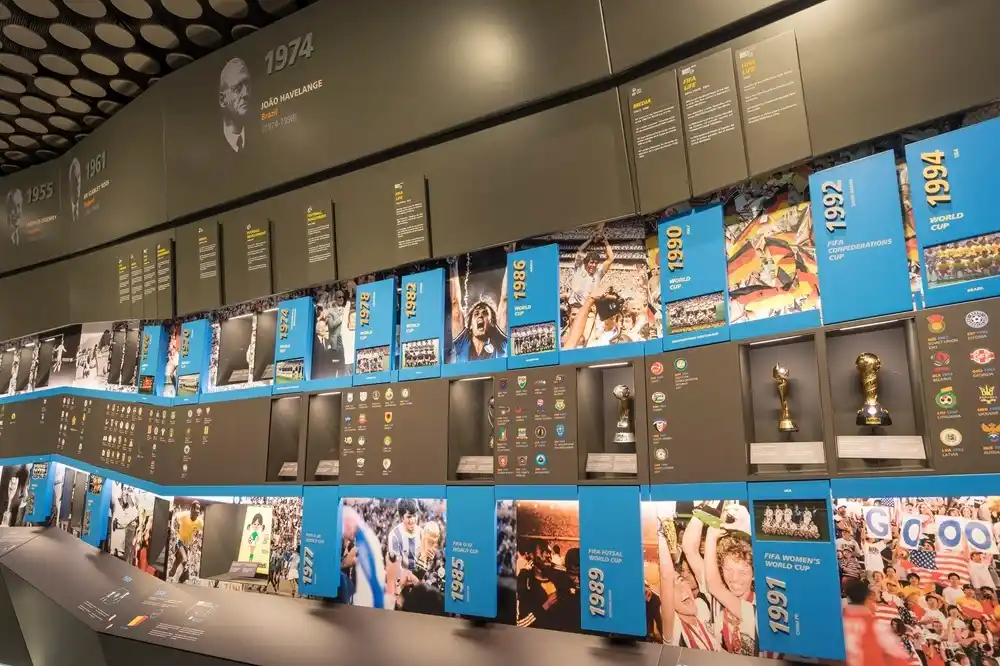 Football history timeline exhibition inside the FIFA World Football Museum in Zurich featuring World Cup milestones and trophies.
