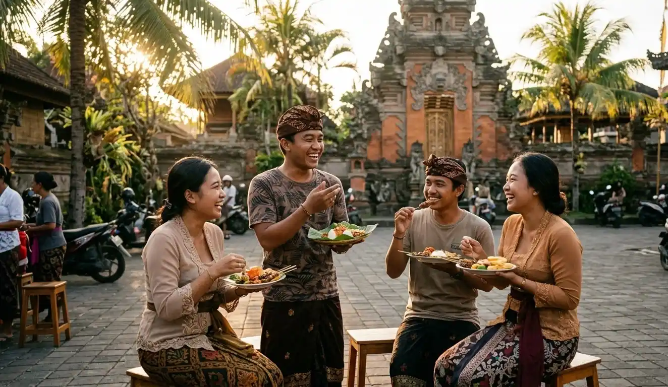 Sekelompok teman makan bersama di jalan Bali saat matahari terbenam dengan suasana hangat.