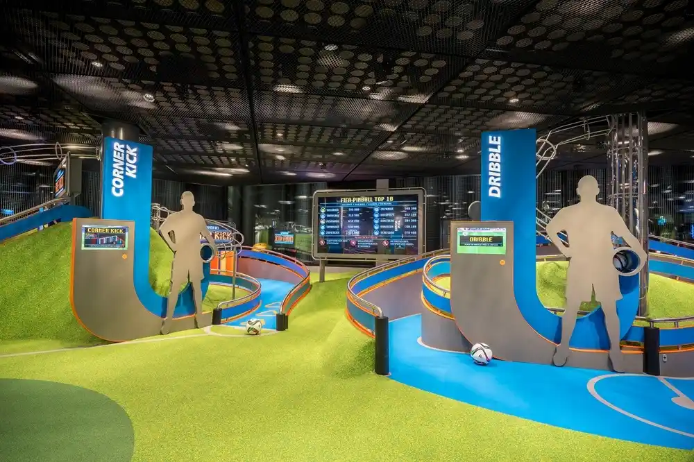 Interactive football pinball-style game inside the FIFA World Football Museum in Zurich.