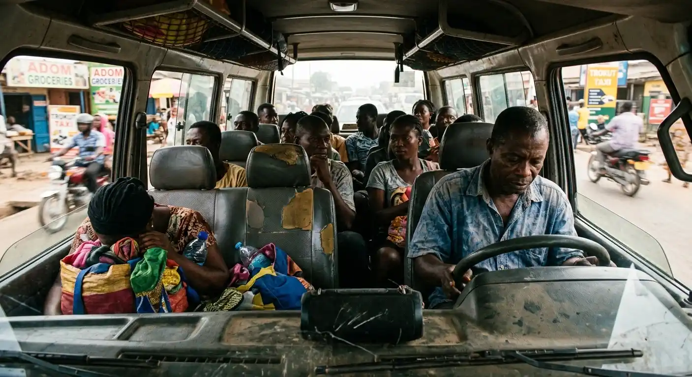 Inside a worn minibus with passengers sitting closely together, a small speaker on the dashboard as the vehicle moves through a busy and dusty street.