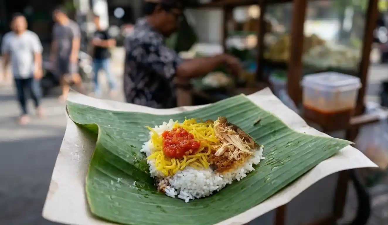 Nasi Jinggo di atas daun pisang dengan nasi, sambal, mie dan ayam suwir di warung jalanan.
