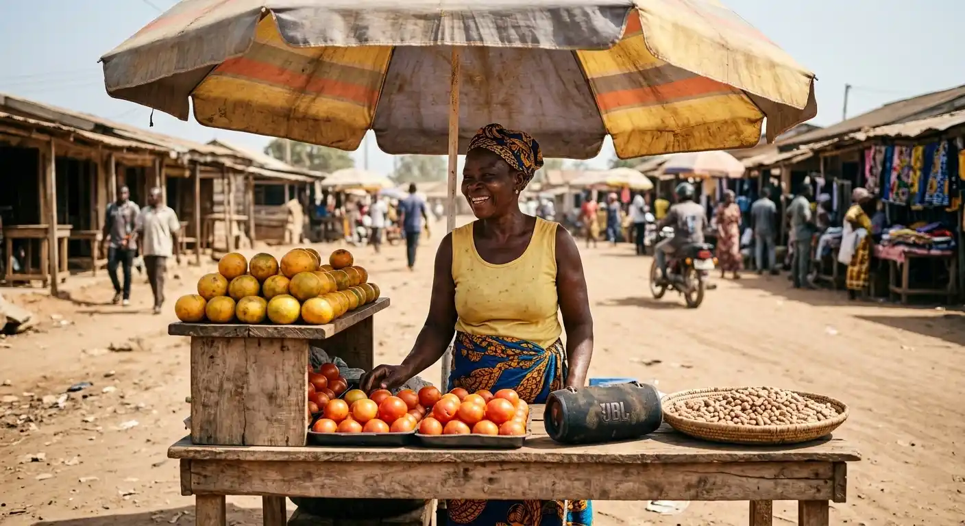 Woman selling oranges and tomatoes at a roadside market under a colourful umbrella, with a small speaker on the stall in a sunlit West African street.