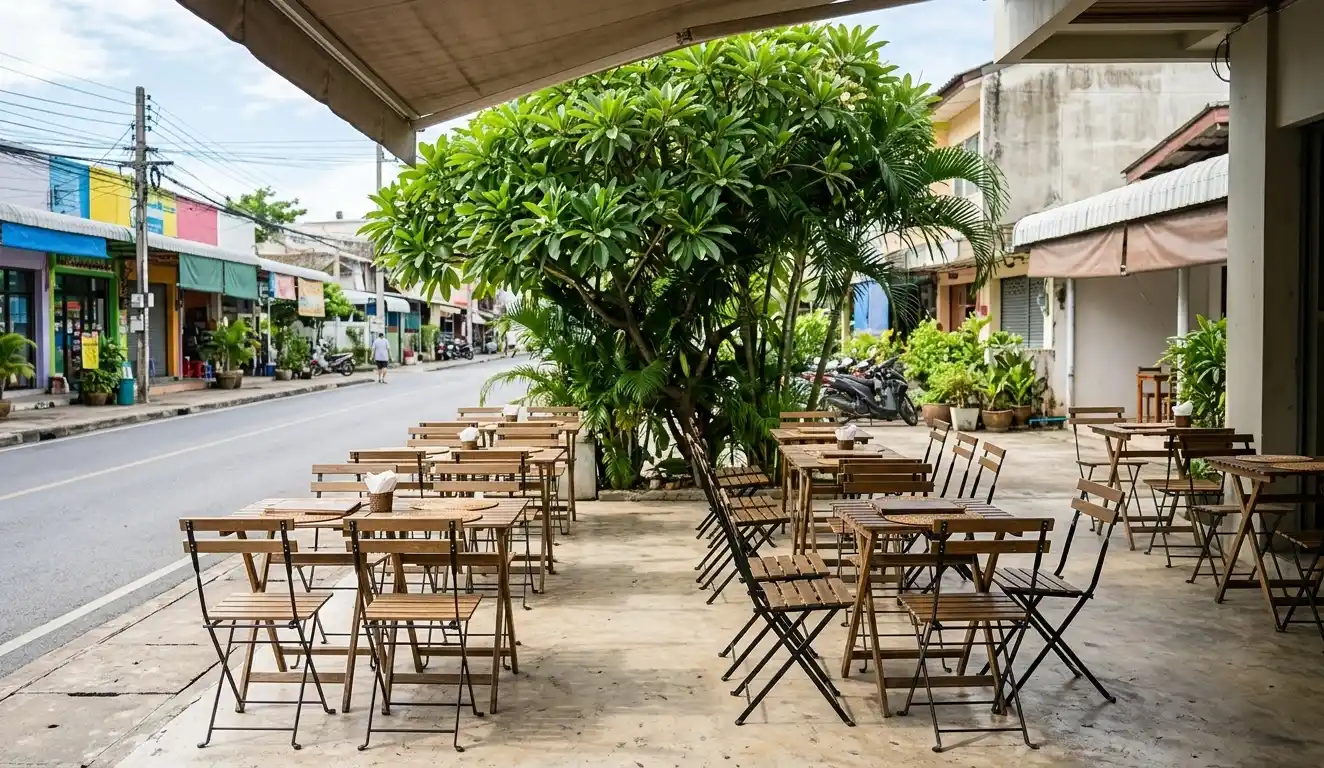 Meja dan kursi kosong di luar teras kafe pada pagi hari sebelum buka.